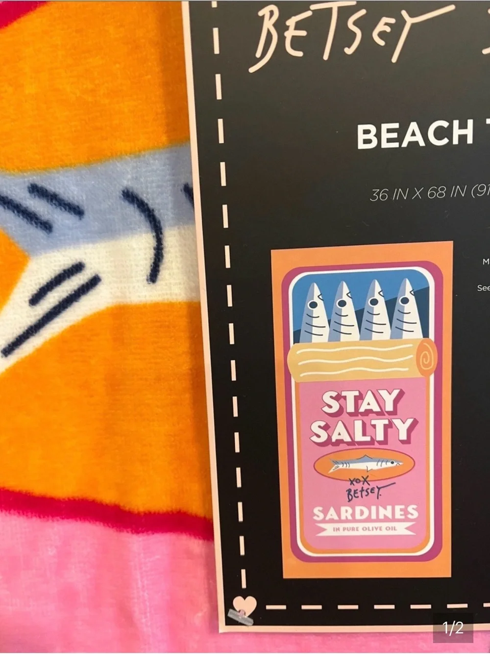 Betsey Johnson pink orange blue 'Stay Salty' Sardines Graphic Beach Towel
